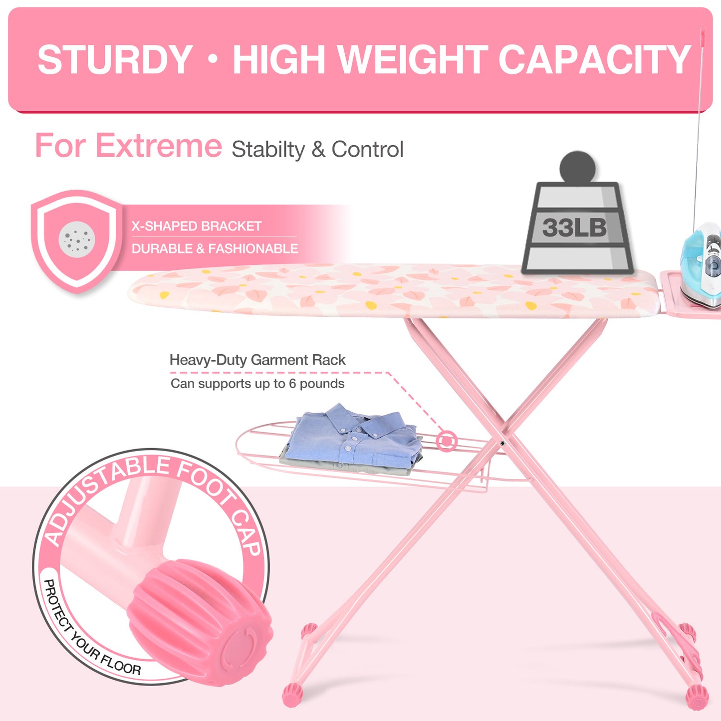 TOOLF Ironing Board, Multi-use Iron Board with Hanger & Iron Rest, 7 Adjustable Heights, 43x13", Pink (QP1343HT2-P)