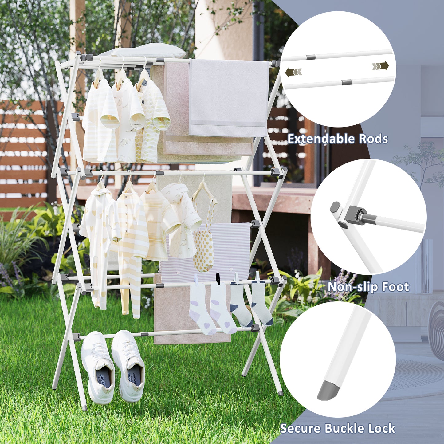 KK KINGRACK Clothes Drying Rack, 3-Tier Collapsible Steel Laundry Rack, Expandable Clothes Dryer, White, 35.43 in