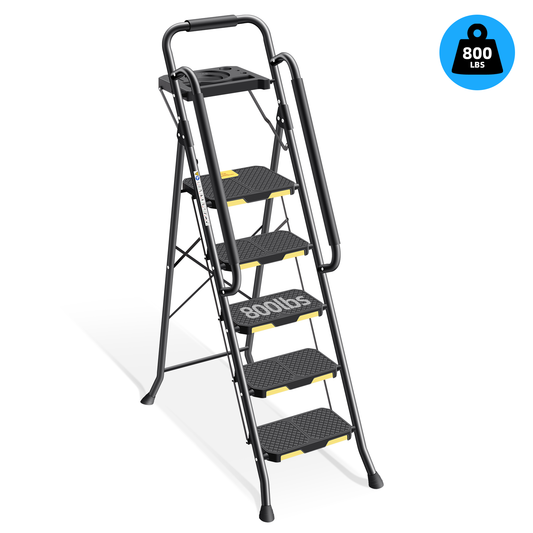 KK KINGRACK 5 Step Stool, Folding Ladder with Tool Platform&Handrails, 800 lbs Capacity, Black (TZ2223-5D)