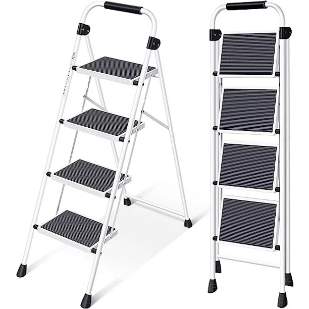4-Tier Folding Step Stools, Metal Step Stool, Step Stool with Handle, Wide Pedal, Anti-Slip, Black and White