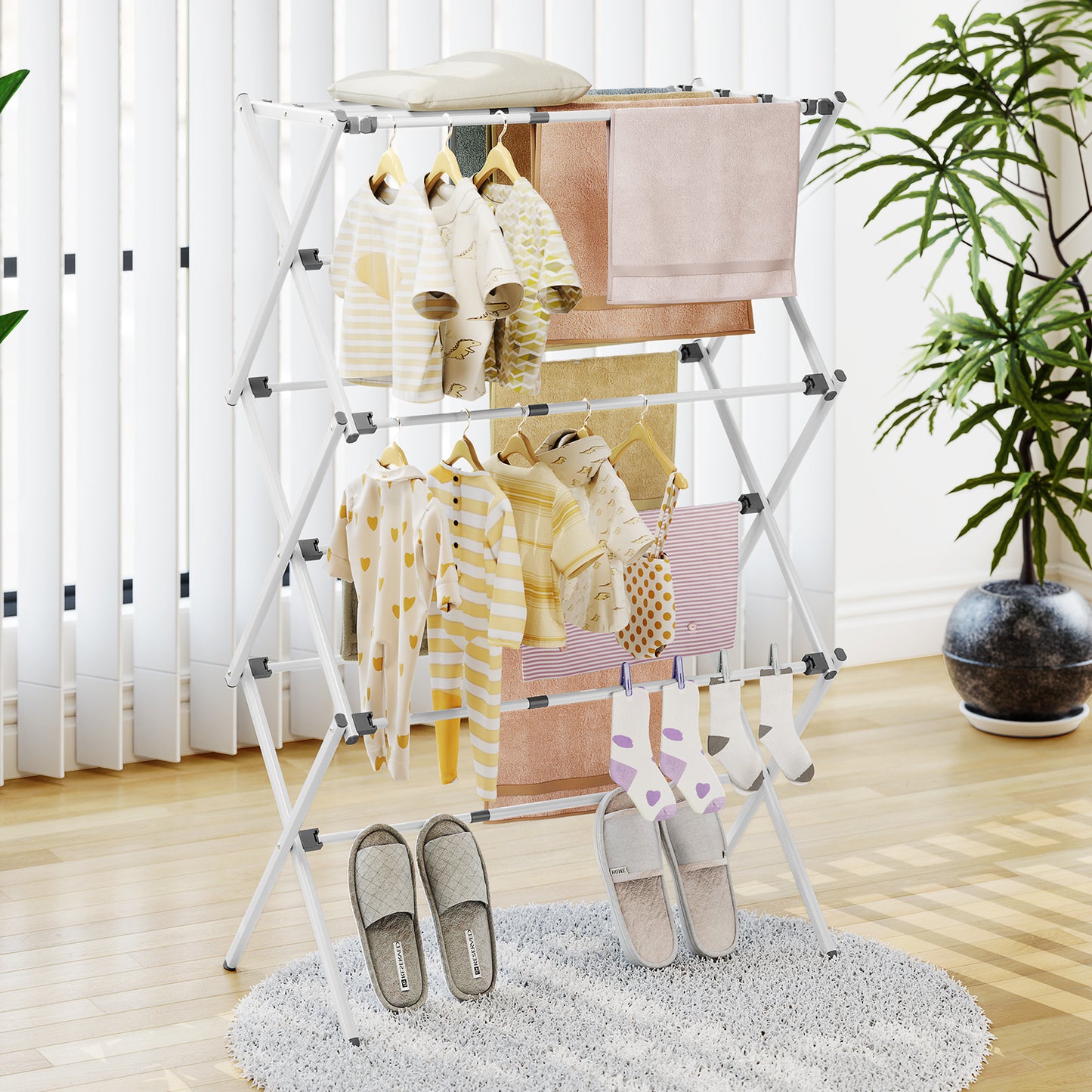 KK KINGRACK Clothes Drying Rack, 3-Tier Collapsible Steel Laundry Rack, Expandable Clothes Dryer, White, 35.43 in