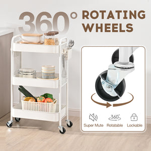 KK KINGRACK Rolling Cart, 3-Tier Utility Cart, Metal Storage Organizer with Wheels & DIY Board, White (CZ810435-W)