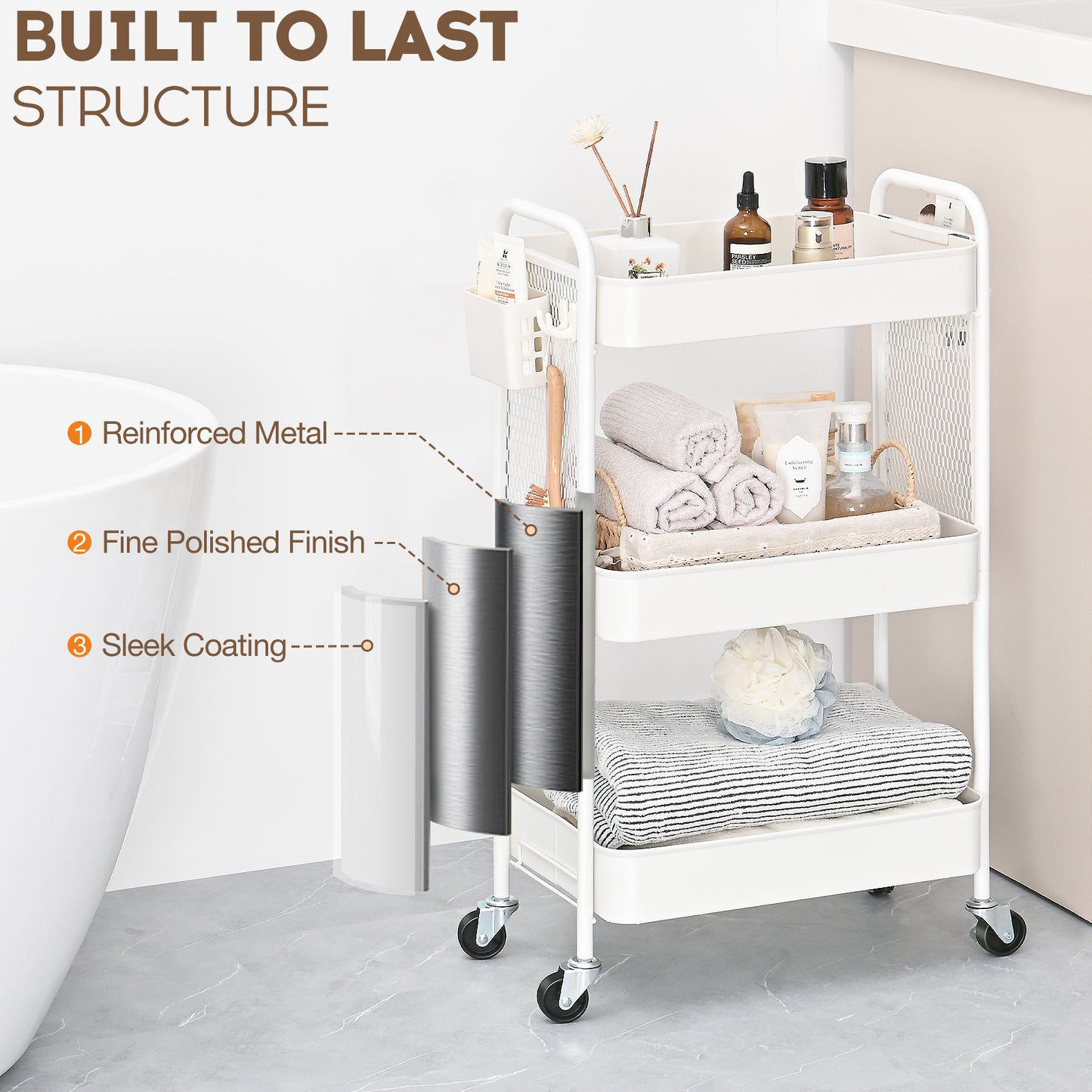KK KINGRACK Rolling Cart, 3-Tier Utility Cart, Metal Storage Organizer with Wheels & DIY Board, White (CZ810435-W)