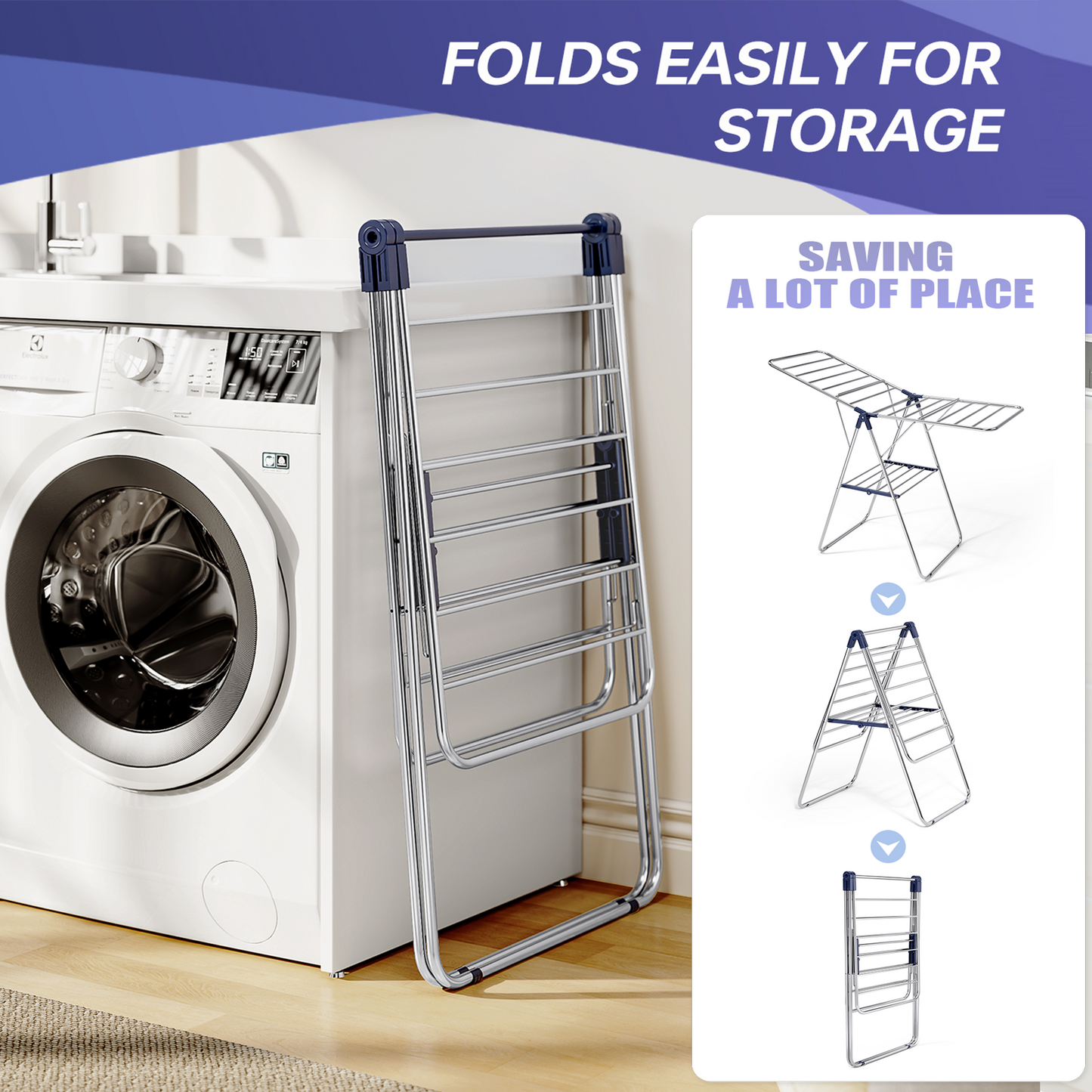 Clothes Drying Rack, KK KINGRACK Foldable Drying Rack with 2 Gullwings & Height-Adjustable, Large-Capacity Laundry Drying Rack, Indoor Outdoor, Stainless Steel（158206）