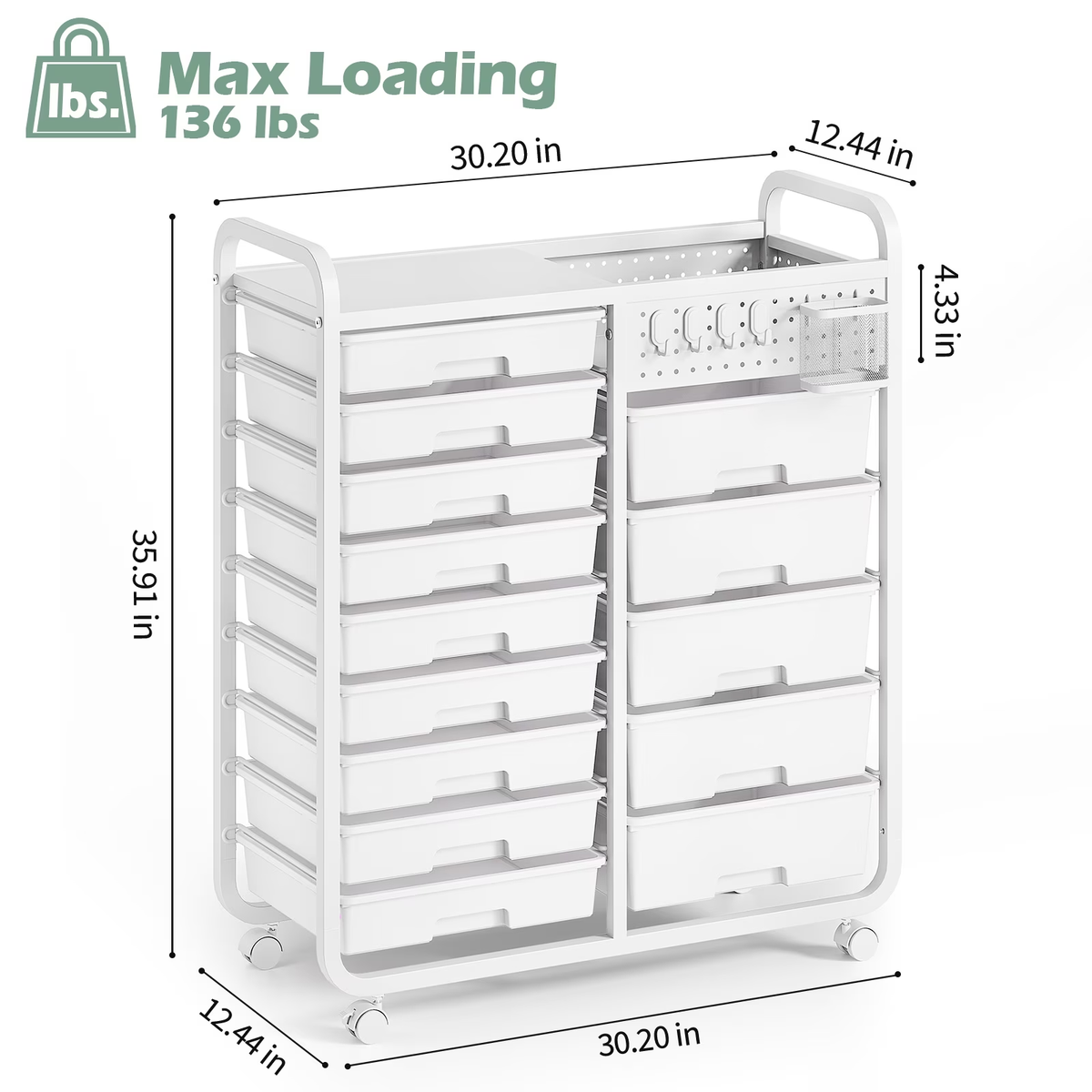 BEHERZT 14 Drawer Rolling Cart with Tabletop & DIY Pegboard, Storage Carts with Wheels, Organizers Utility Cart, White