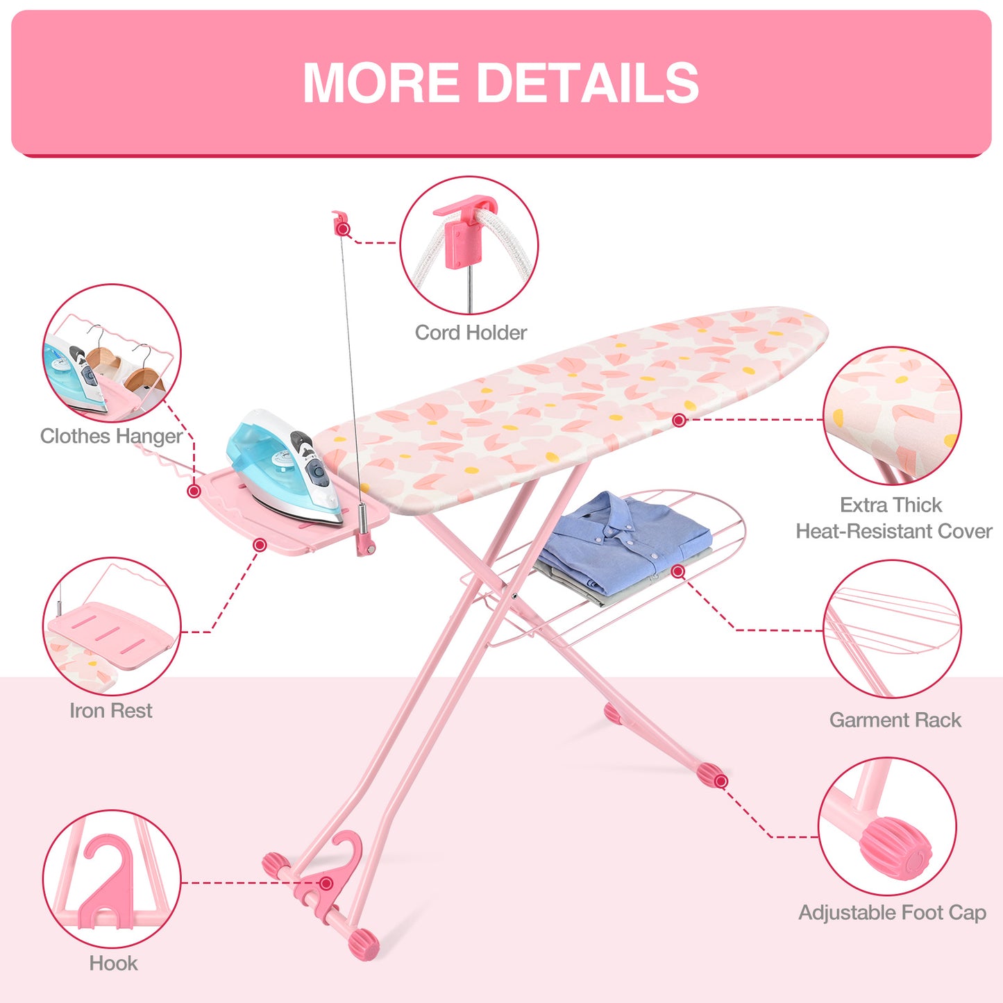 TOOLF Ironing Board, Multi-use Iron Board with Hanger & Iron Rest, 7 Adjustable Heights, 43x13", Pink (QP1343HT2-P)