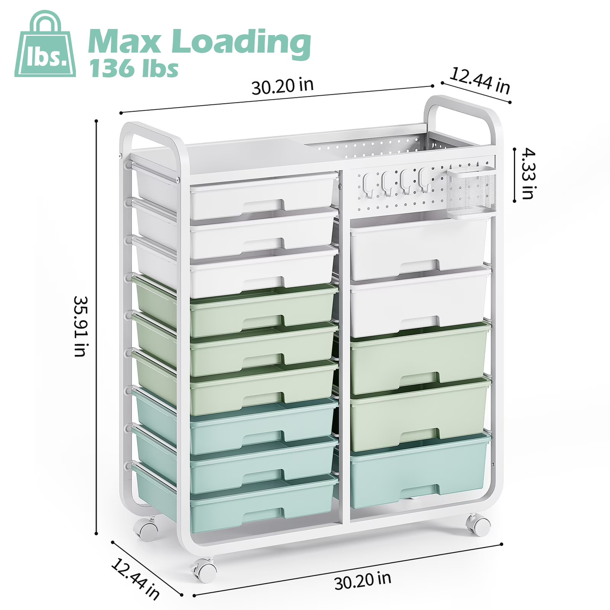 BEHERZT 14 Drawer Rolling Cart with Tabletop & DIY Pegboard, Storage Cart with Wheels, Organizers Utility Cart, Green