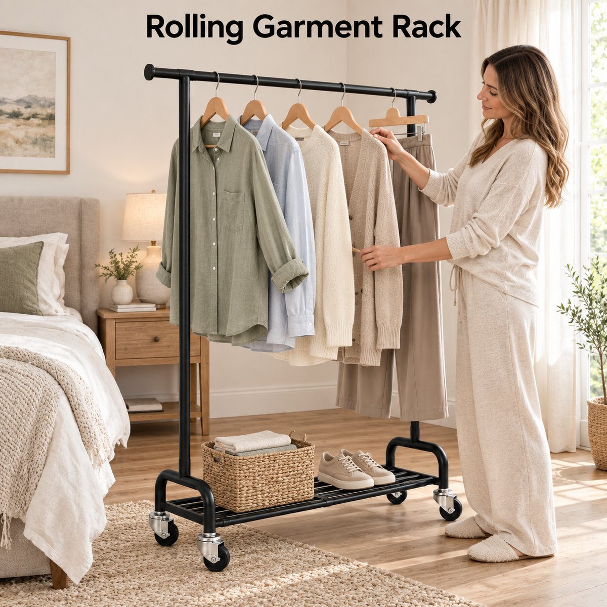 KINGTIDY Clothes Rack with Wheels, Portable Garment Rack for Bedroom, Closet, 42.3" x 16.3" x 62.59", Black