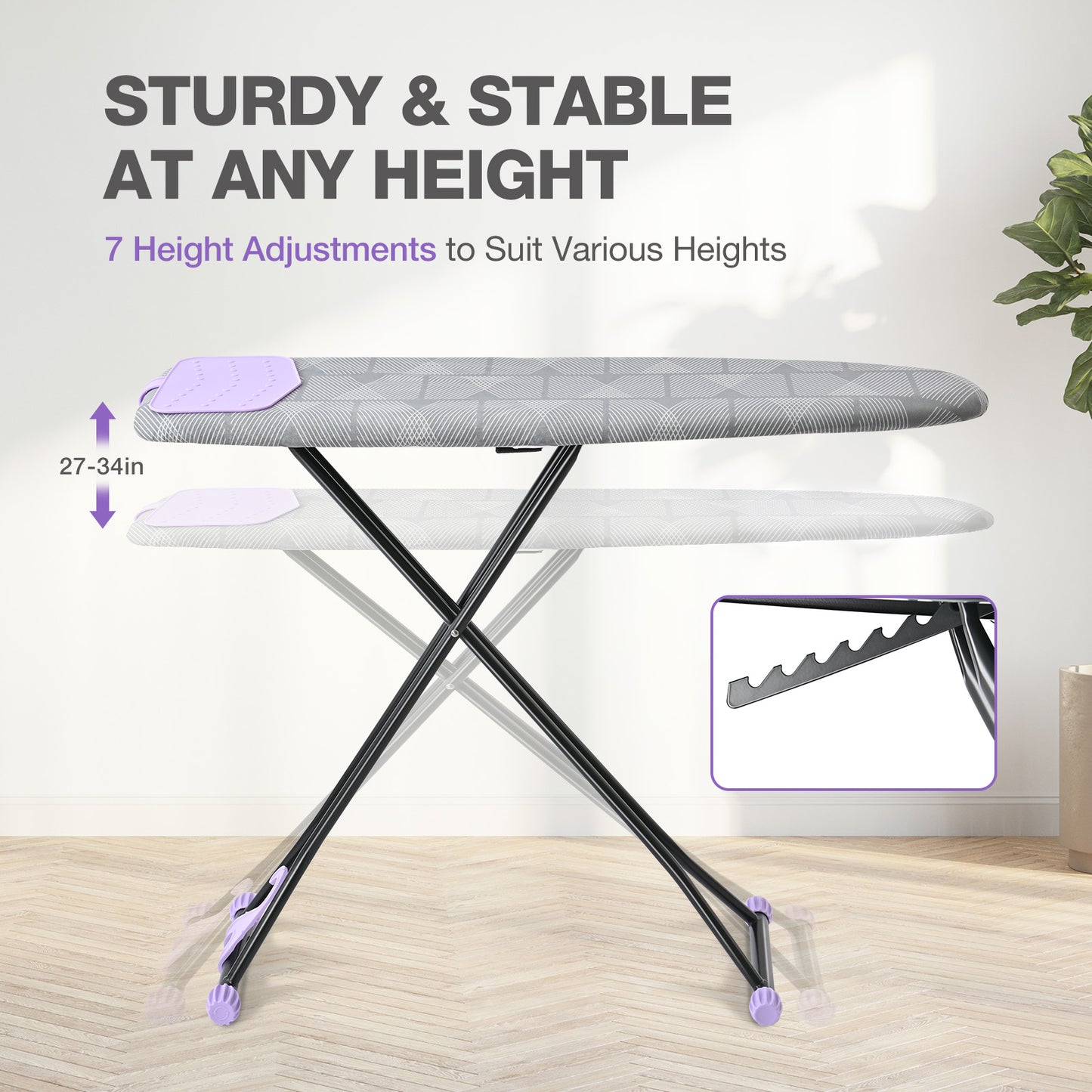 KINGRACK Ironing Board, Iron Board Full Size with Hanger & Rotating Nonslip Feet, 7 Level Height Adjustable, 43x13 in, Gray (RYP1343HT-19-28G)