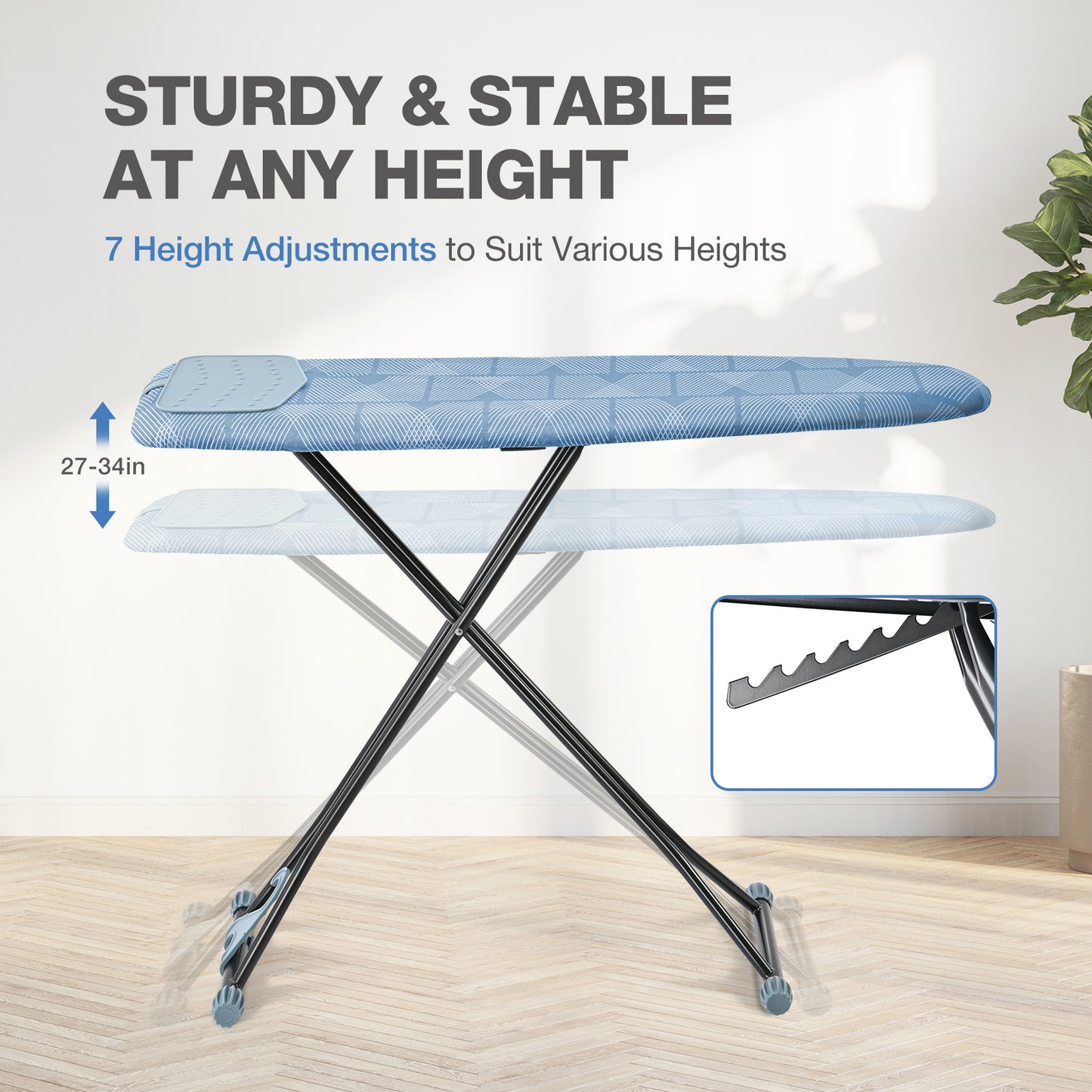 KINGRACK Ironing Board, Iron Board Full Size with Hanger & Rotating Nonslip Feet, 7 Level Height Adjustable, 43x13 in, Blue(RYP1343HT-19-28B)