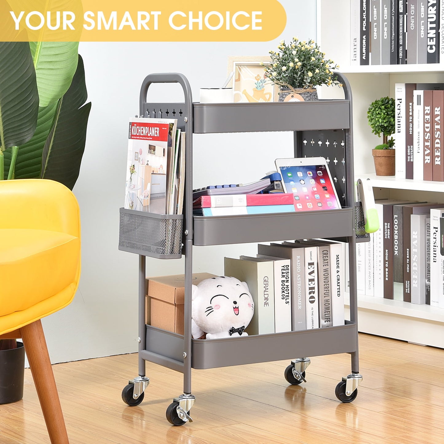 TOOLF 3-Tier Rolling Cart, Utility Storage Cart with DIY Dual Pegboards, Organizer Serving Trolley, Pink  WK830573-G
