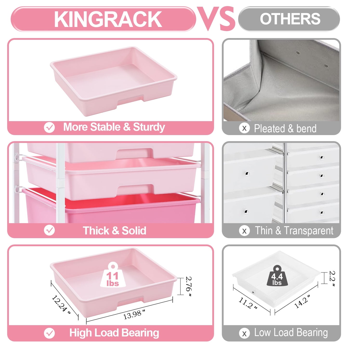 KK KINGRACK Storage Rolling Cart with 8 Drawers,Wooden Tabletop, Metal & Plastic,Pink (WK830924-4)
