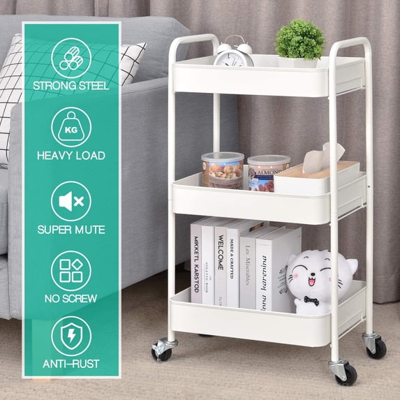 KINGRACK 3-Tier Rolling Cart, Metal Utility Cart with Lockable Wheels, Storage Craft Art Cart Trolley Organizer Serving Cart Easy Assembly for Office, Bathroom, Kitchen, Kids' Room, Classroom (White)  WK131218
