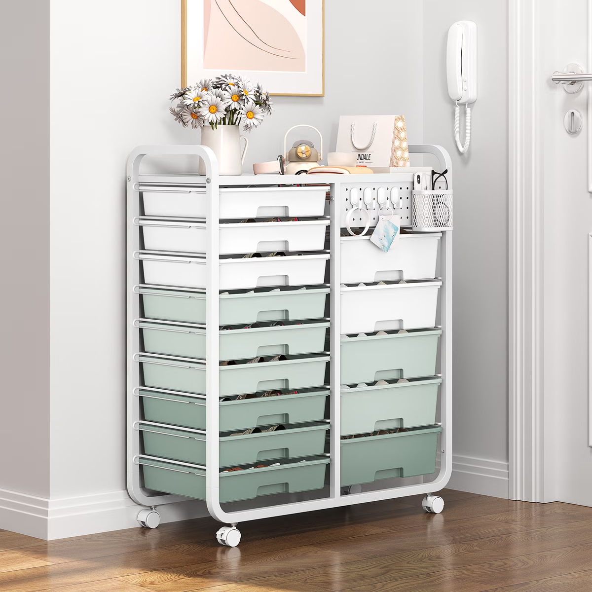 BEHERZT 14 Drawer Rolling Cart with Tabletop & DIY Pegboard, Storage Cart with Wheels, Organizers Utility Cart, Green