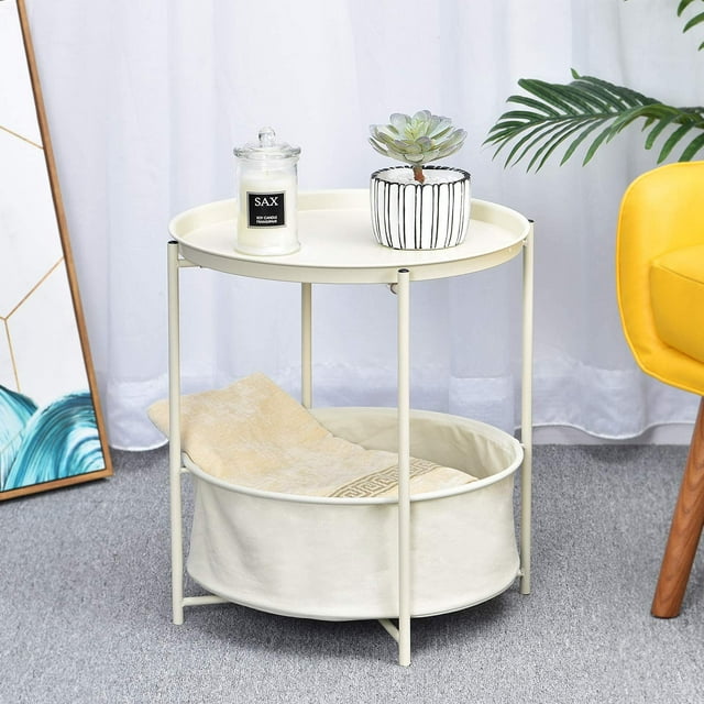 Kingrack Round End Table, Sofa Side Table with Storage Basket, Coffee Round Table, Small Bed Nightstand for Living Room Bedroom, Cream, WK131033-BGWT