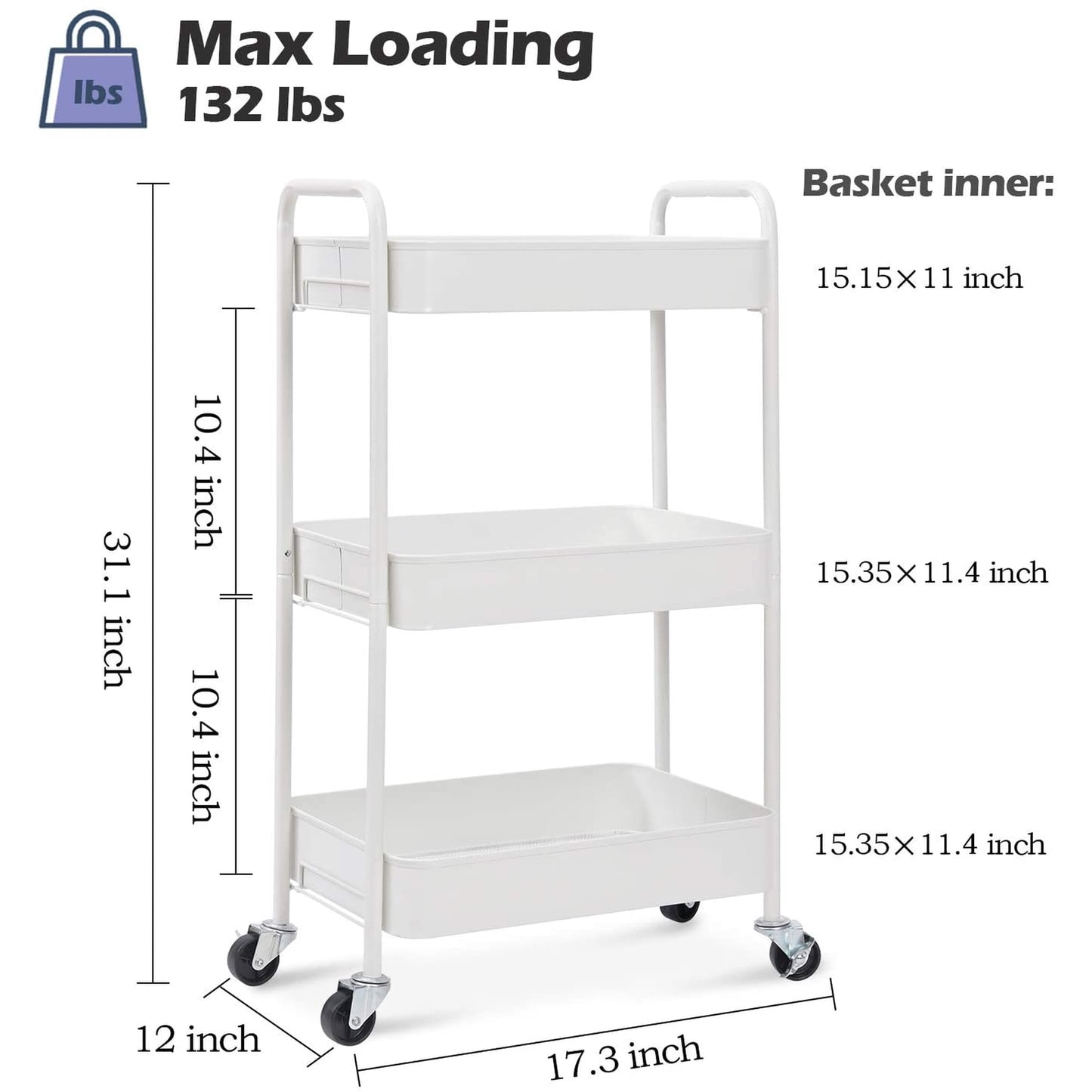 KK KINGRACK 3-Tier Rolling Cart, Metal Utility Cart with Wheels ,Office School Organizer, White