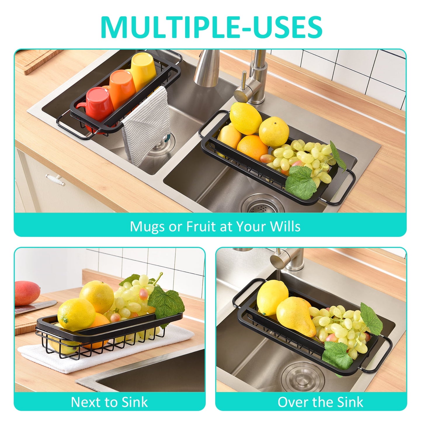 TOOLF Expandable Sink Caddy, Sink Drying Rack, Sink Organizer for Kitchen, Black(wk810592)