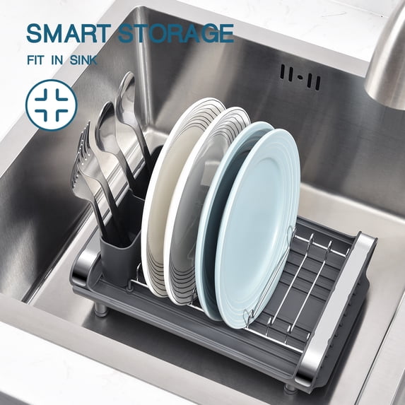 Kingrack Expandable Dish Drying Rack, Small Dish Drainer Rack for Kitchen Counter Organizers, Stainless Steel, Non-Slip Feet, Anti Rust Sink Plate Rack