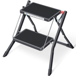 Kingrack 2 Step Ladder Folding Stool, Non-Slip Step Ladder, collapsible stool for adults, Heavy Duty 330Lbs Capacity Industrial Lightweight，WK2031黑色款
