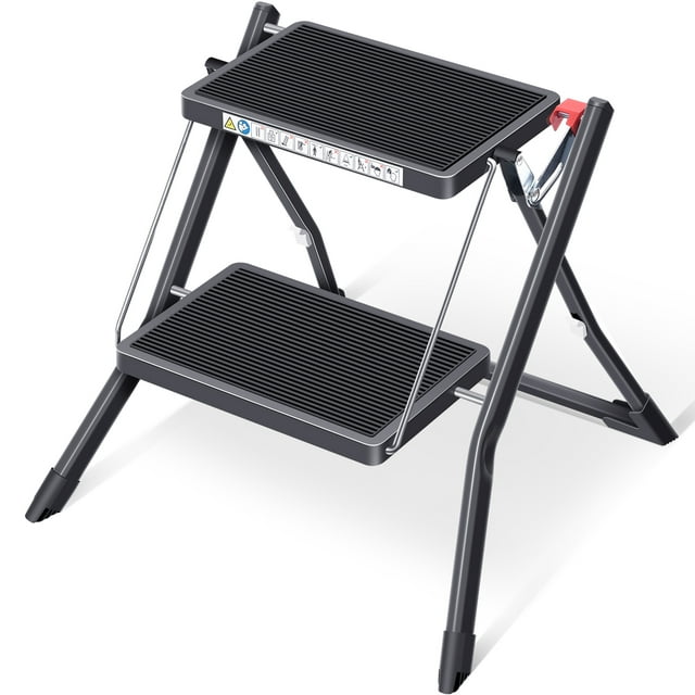 Kingrack 2 Step Ladder Folding Stool, Non-Slip Step Ladder, collapsible stool for adults, Heavy Duty 330Lbs Capacity Industrial Lightweight，WK2031-Black