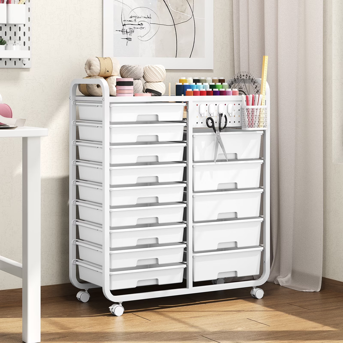 BEHERZT 14 Drawer Rolling Cart with Tabletop & DIY Pegboard, Storage Carts with Wheels, Organizers Utility Cart, White