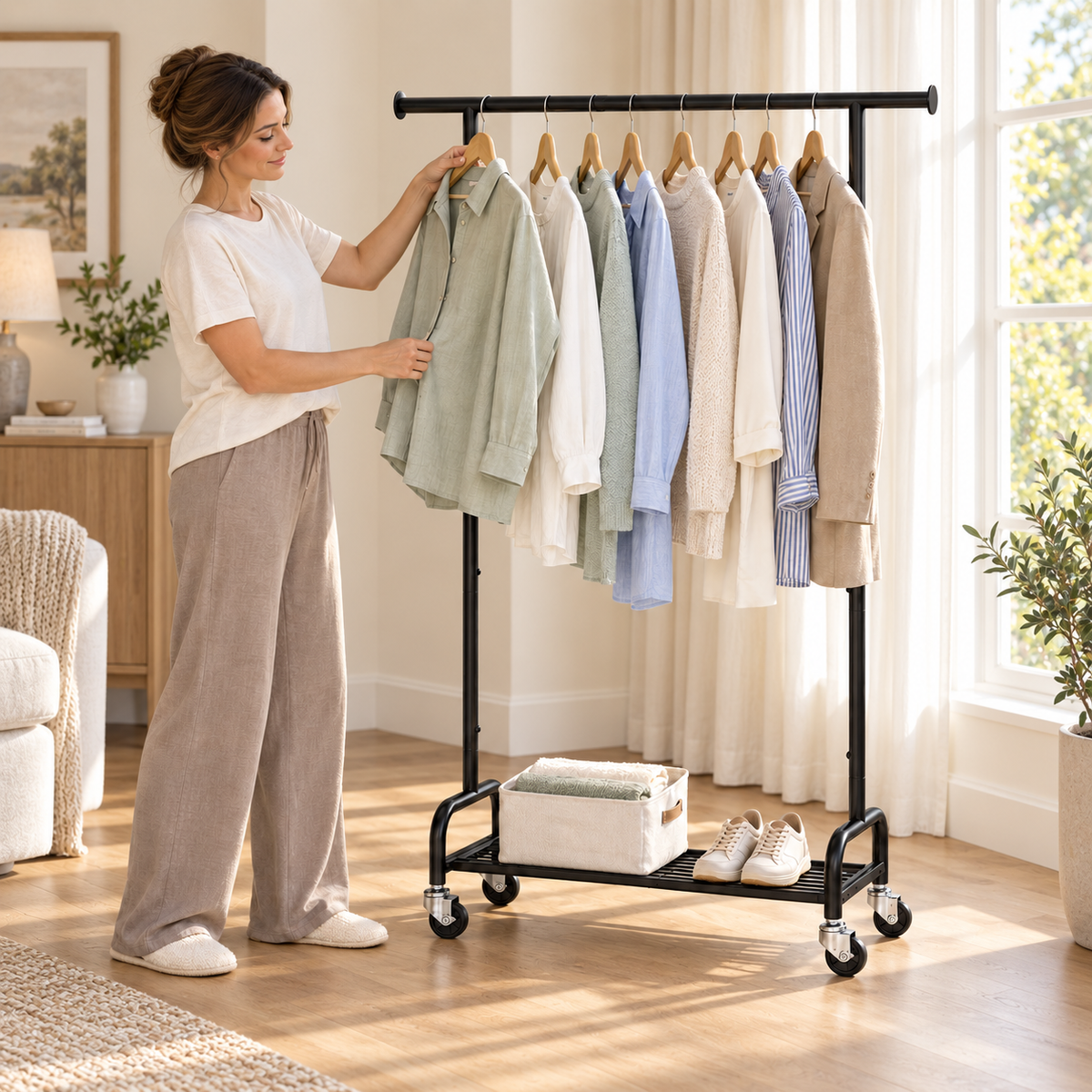 KINGTIDY Clothes Rack with Wheels, Portable Garment Rack for Bedroom, Closet, 42.3" x 16.3" x 62.59", Black