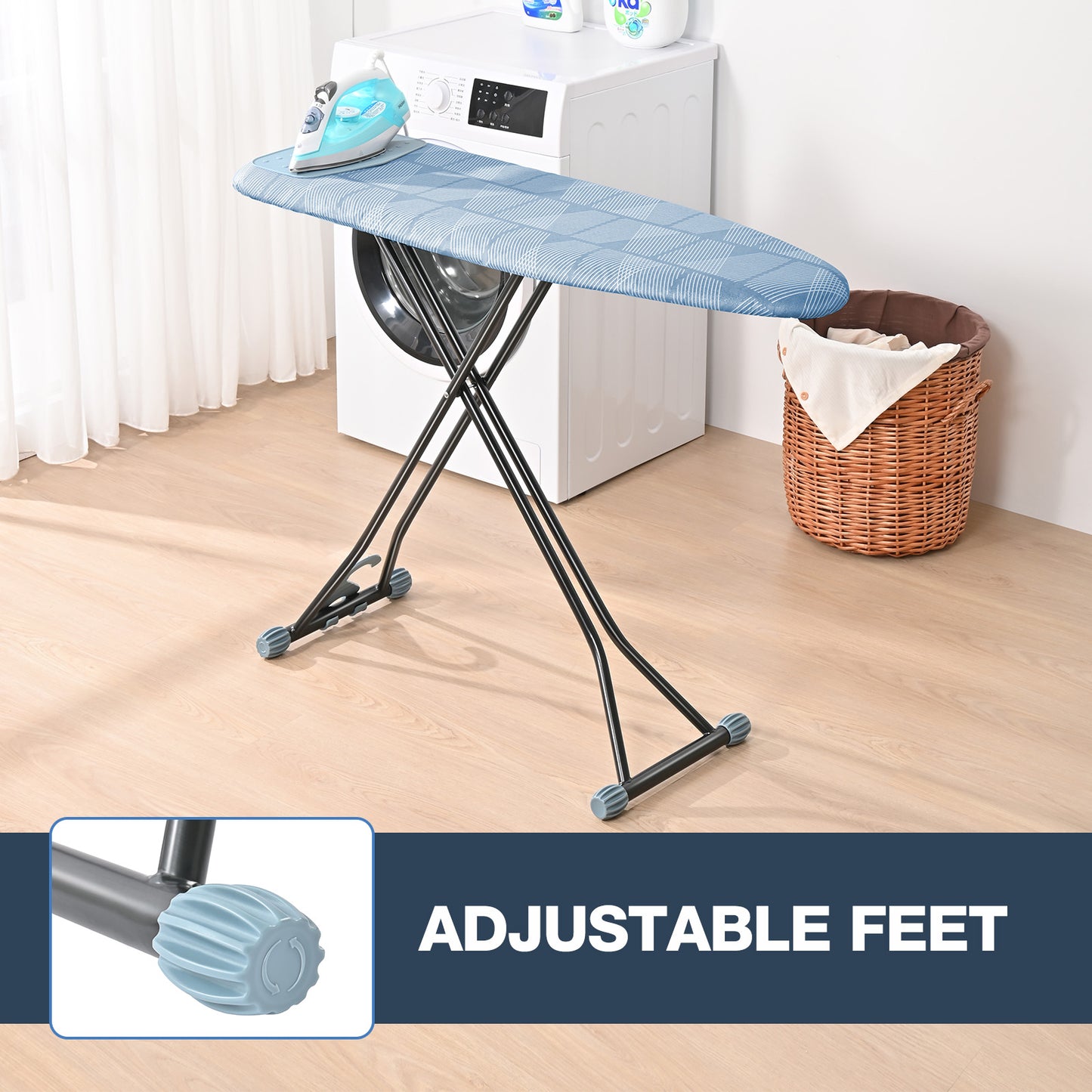KINGRACK Ironing Board, Iron Board Full Size with Hanger & Rotating Nonslip Feet, 7 Level Height Adjustable, 43x13 in, Blue(RYP1343HT-19-28B)