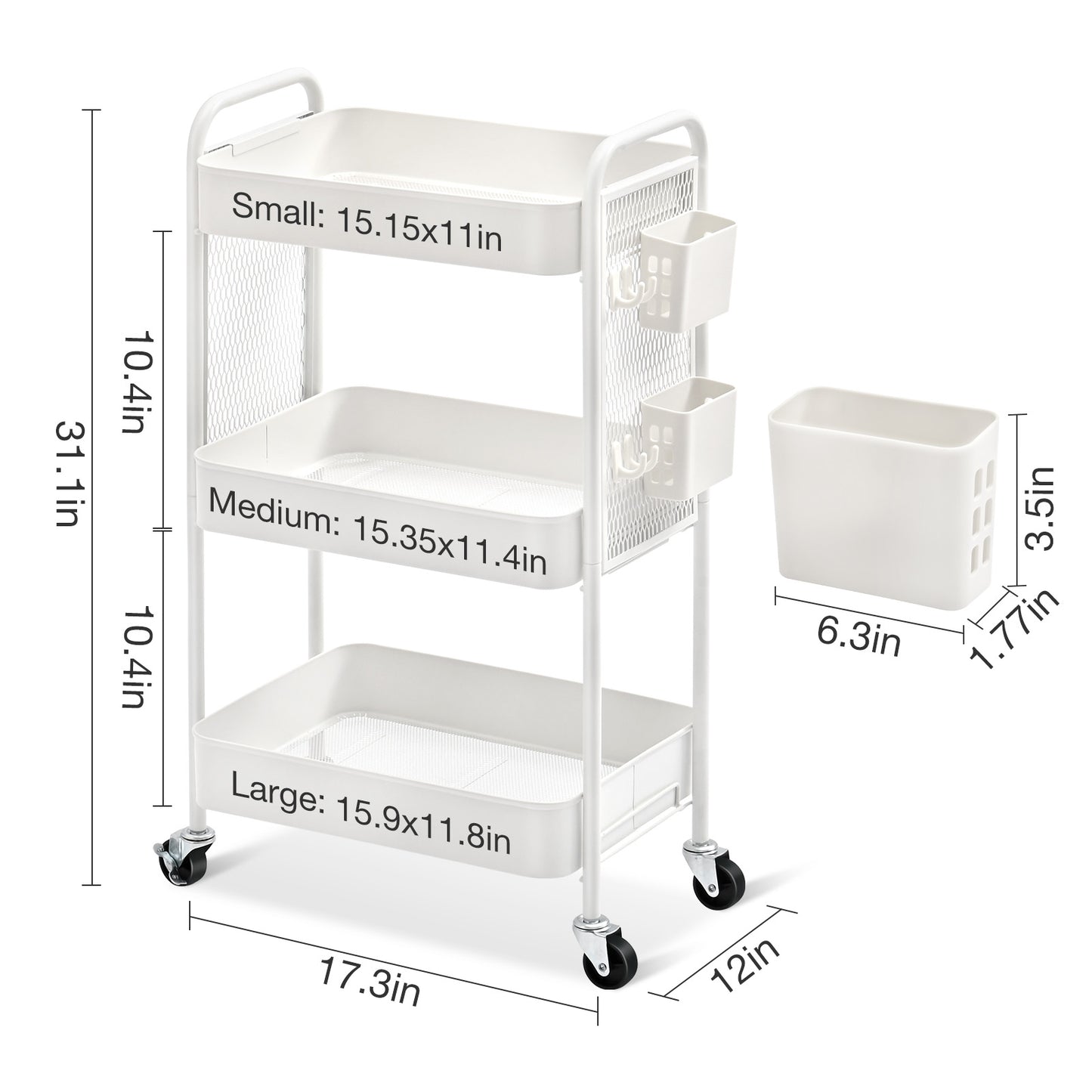 KK KINGRACK Rolling Cart, 3-Tier Utility Cart, Metal Storage Organizer with Wheels & DIY Board, White (CZ810435-W)