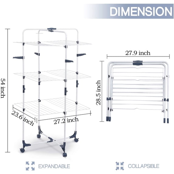 Kingrack Clothes Drying Rack, 3-Tier Folding Indoor Laundry Drying Rack with Wheels 4 Hooks, Metal, White