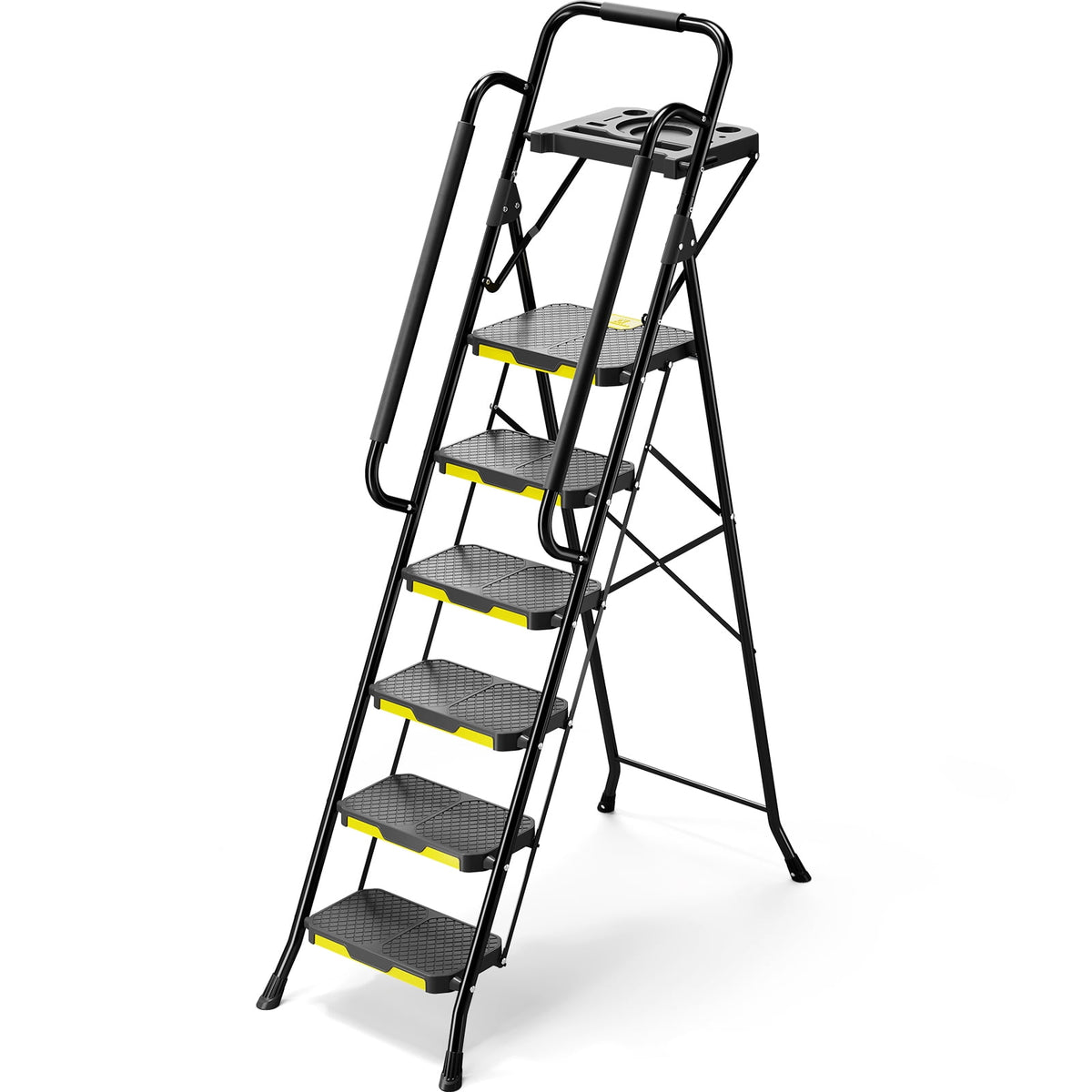 KK KINGRACK 6 Step Ladder, Metal Ladder with Tool Platform&Handrails, 800 lbs Capacity, Black