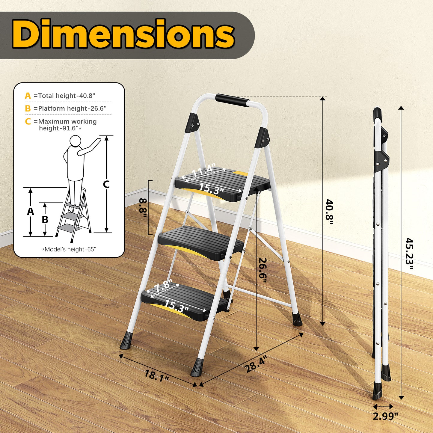 KK Kingrack 3 Step Ladder for Adults, Portable Folding Step Stool with Non-Slip Pedal, Lightweight 330lbs Steel Ladder for Home Office Bathroom
