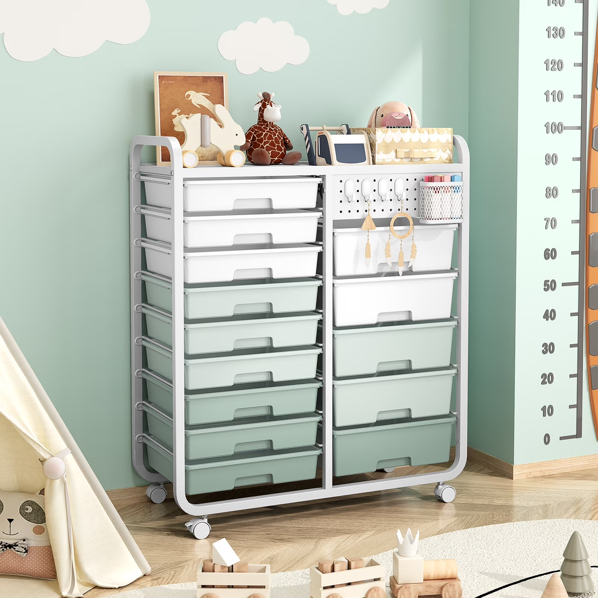 BEHERZT 14 Drawer Rolling Cart with Tabletop & DIY Pegboard, Storage Cart with Wheels, Organizers Utility Cart, Green