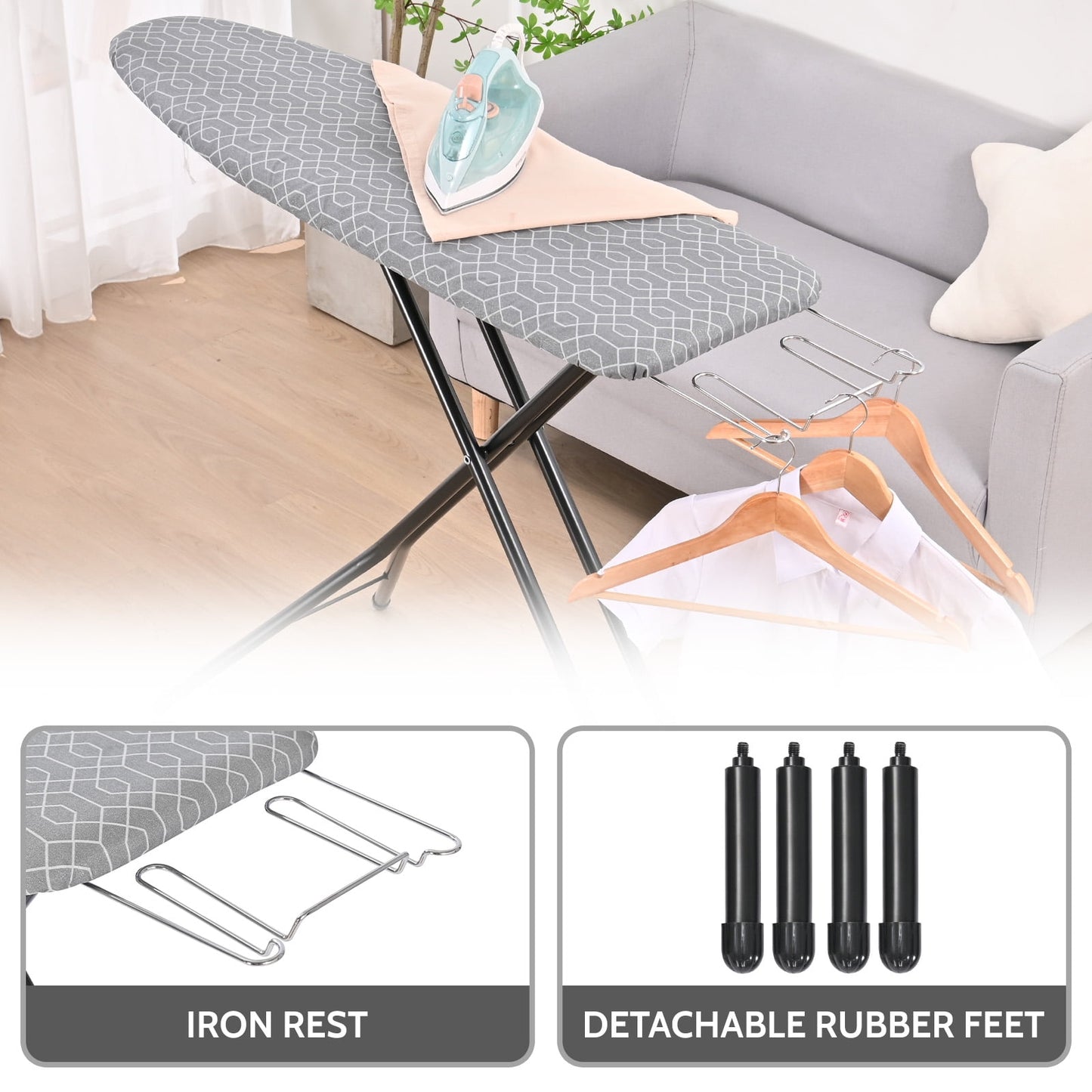 KK KINGRACK Ironing Board, Iron Board with Heat Resistant Cover & Iron Rest, 7 Height Adjustable, 43x13 in, Gray