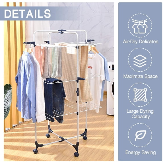 Kingrack Clothes Drying Rack, 3-Tier Folding Indoor Laundry Drying Rack with Wheels 4 Hooks, Metal, White