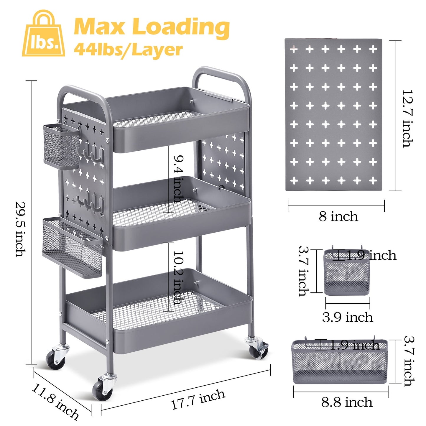 TOOLF 3-Tier Rolling Cart, Utility Storage Cart with DIY Dual Pegboards, Organizer Serving Trolley, Pink  WK830573-G