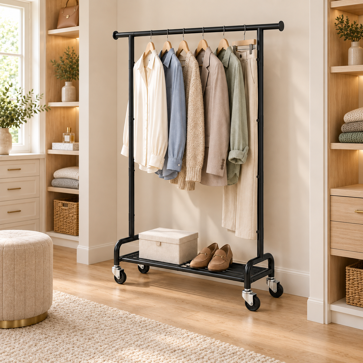KINGTIDY Clothes Rack with Wheels, Portable Garment Rack for Bedroom, Closet, 42.3" x 16.3" x 62.59", Black