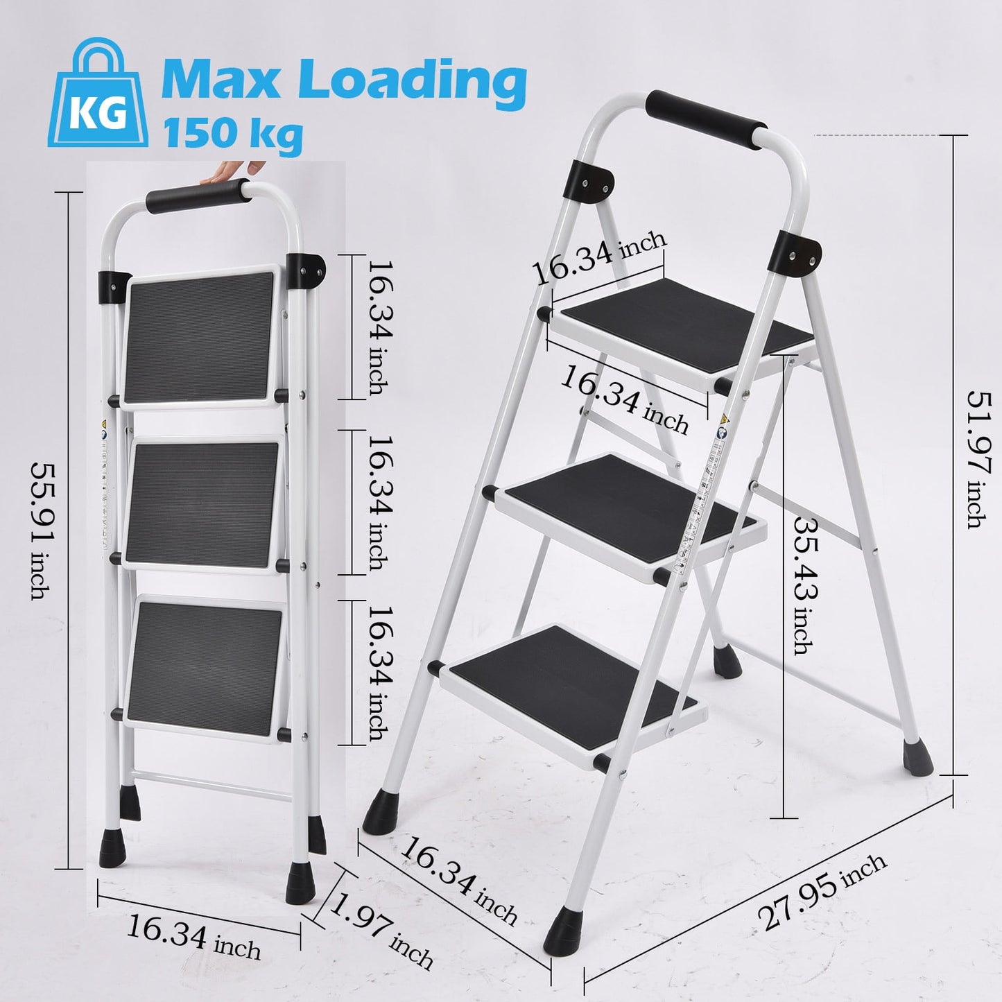 KK KINGRACK 3 Step Ladder, Folding Step Stool with Handrail & Steel Wide Anti-Slip Pedal and 330lb Capacity, White(WK2207B-3-W)