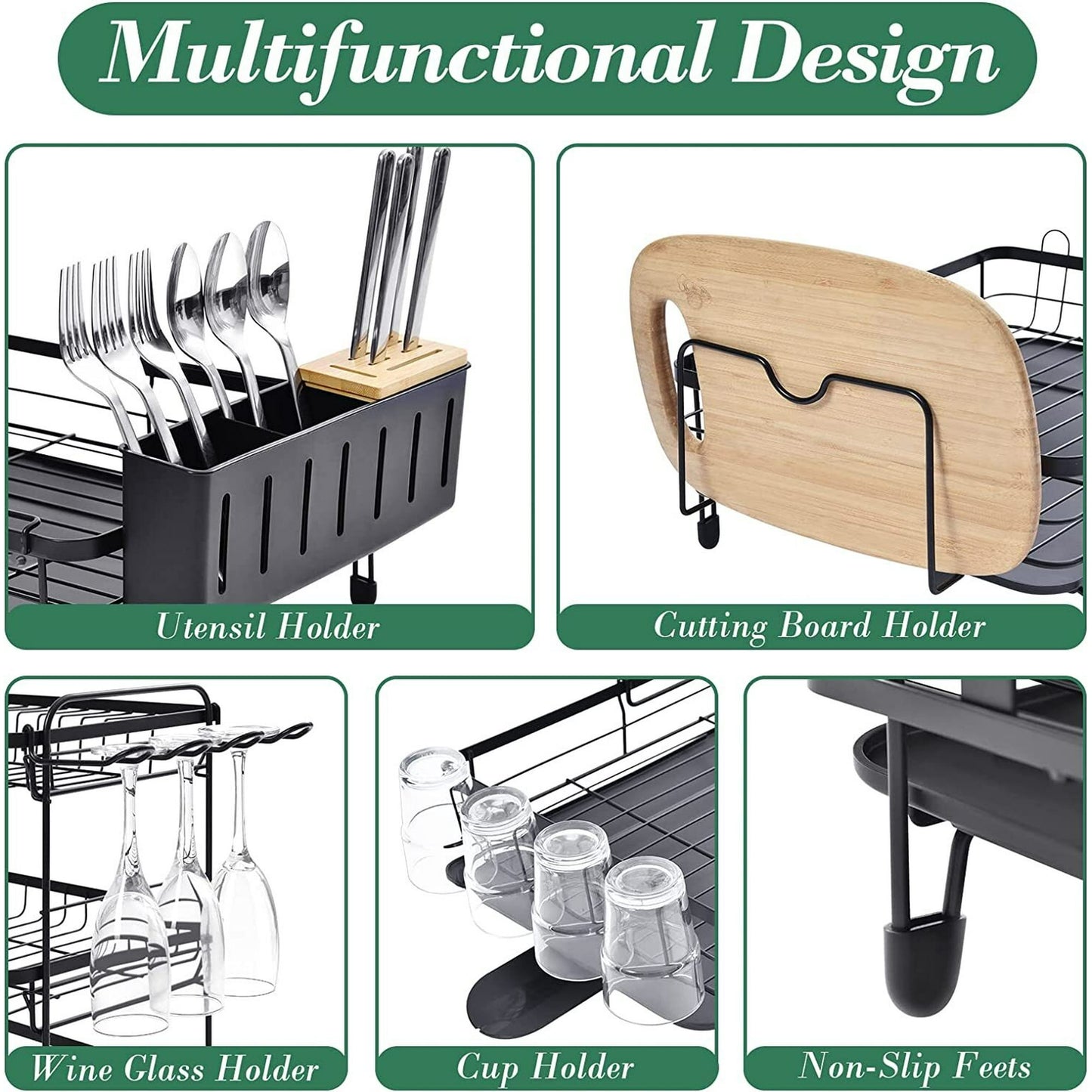TOOLF Dish Drying Rack, 3-Tier Foldable Drying Rack for Kitchen with Tray and Utensil Holder, 16.89"L x12.64"W x6.81"H, Black(WK810680)