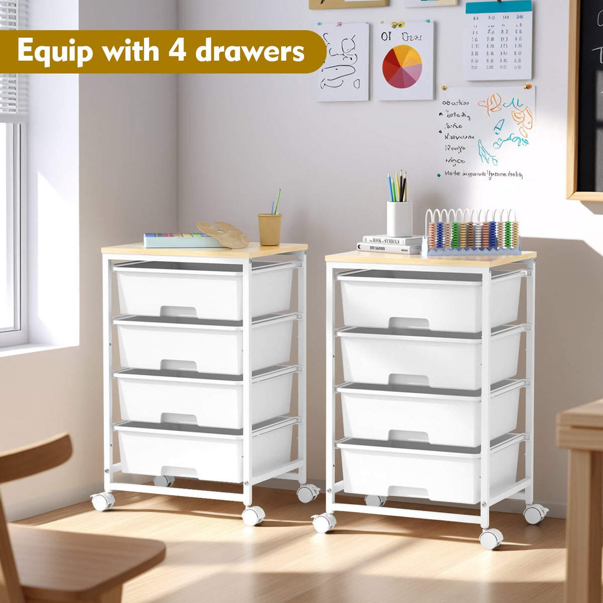 Rolling Storage Cart with 4 Drawers, KK KINGRACK Drawer Cart with Wooden Tabletop for Craft Office School Storage, White