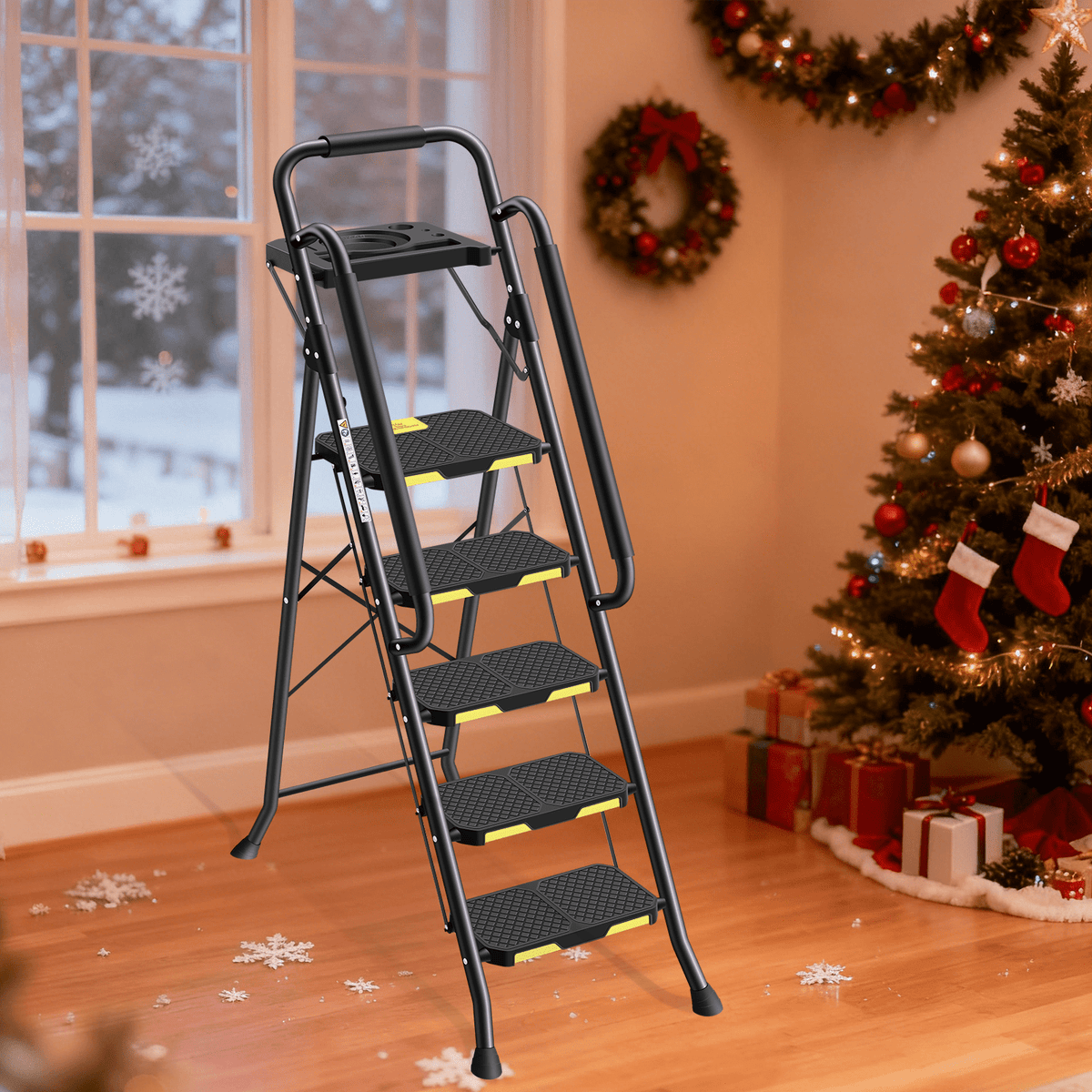 Kingrack 5 Step Folding Ladder for Adults, 800lbs Sturdy Steel Stool Ladder with Anti-Slip Pedal&Handrail&Tool Tray for Home Kitchen Office