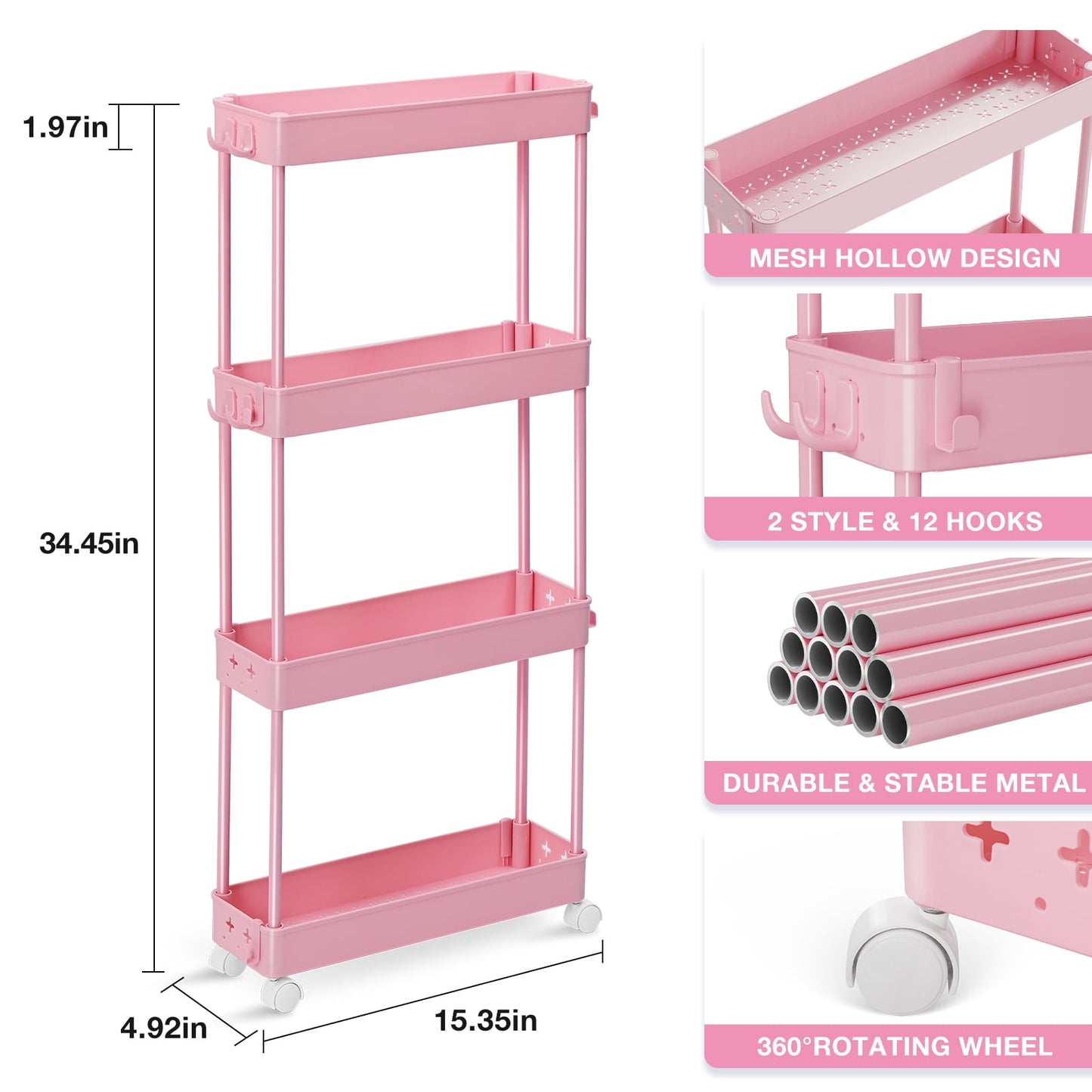 TOOLF 4 Tier Rolling Cart, Slim Storage Cart, Bathroom & Laundry Organizer for Office Kitchen Bedroom Laundry Room（RY810179-P）