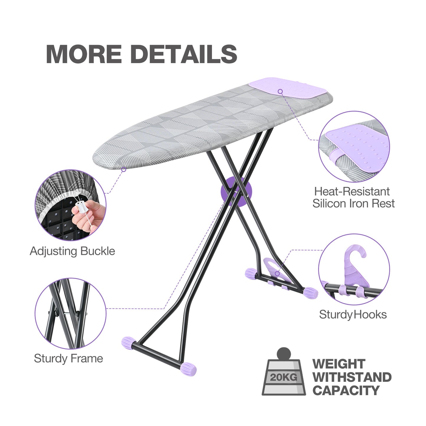 KINGRACK Ironing Board, Iron Board Full Size with Hanger & Rotating Nonslip Feet, 7 Level Height Adjustable, 43x13 in, Gray (RYP1343HT-19-28G)