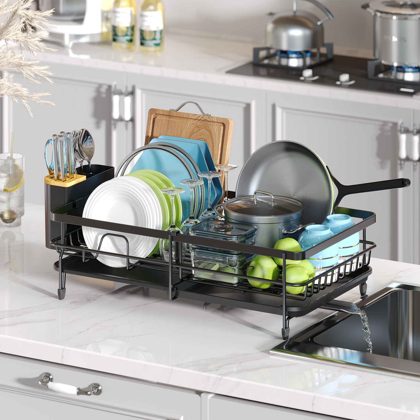 KK KINGRACK Dish Drying Rack, Expandable Dish Drainer with Utensil Holder for Kitchen Organizer, Black (WK810374-2)