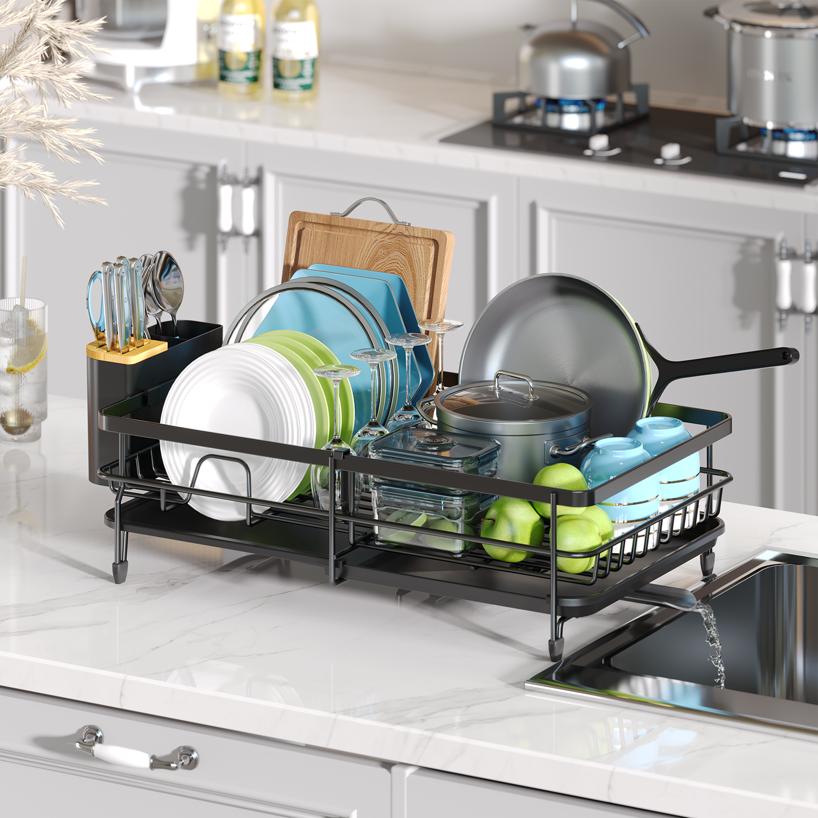 KK KINGRACK Dish Drying Rack, Expandable Dish Drainer with Utensil