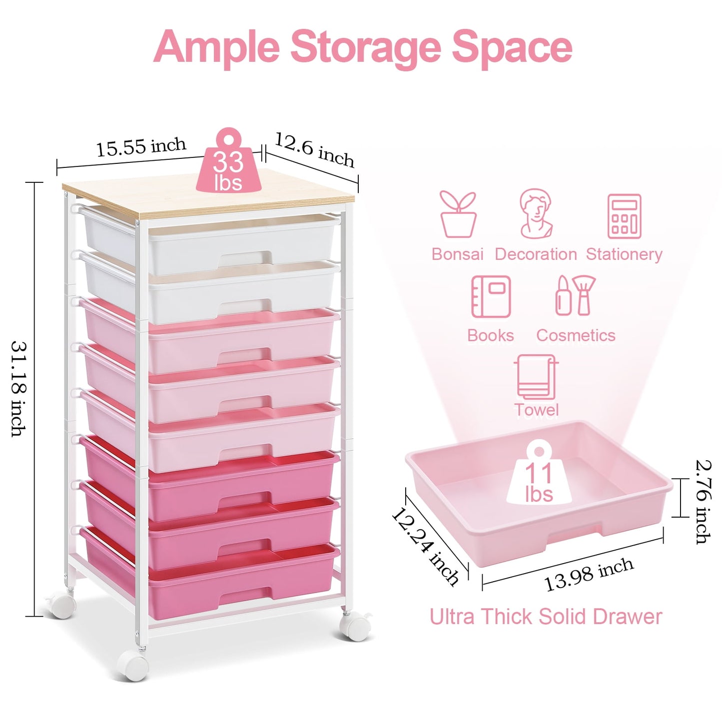 KK KINGRACK Storage Rolling Cart with 8 Drawers,Wooden Tabletop, Metal & Plastic,Pink (WK830924-4)