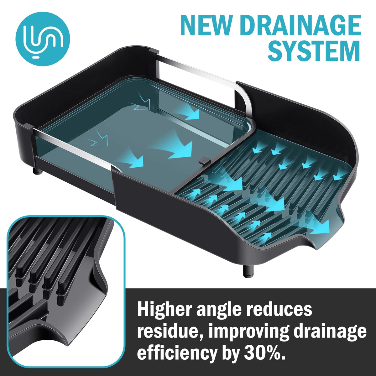 TOOLF Dish Drying Rack , Removable Dish Drainer with Water Tray for Kitchen, Large Capacity, Black, 13.7"-20.47"Lx12.6"W(WK810700)