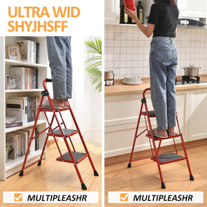 KK KINGRACK 3-Step Household Folding Steel Step Stool with Armrests, 225 lbs Capacity Red (WK2207B-3-R)
