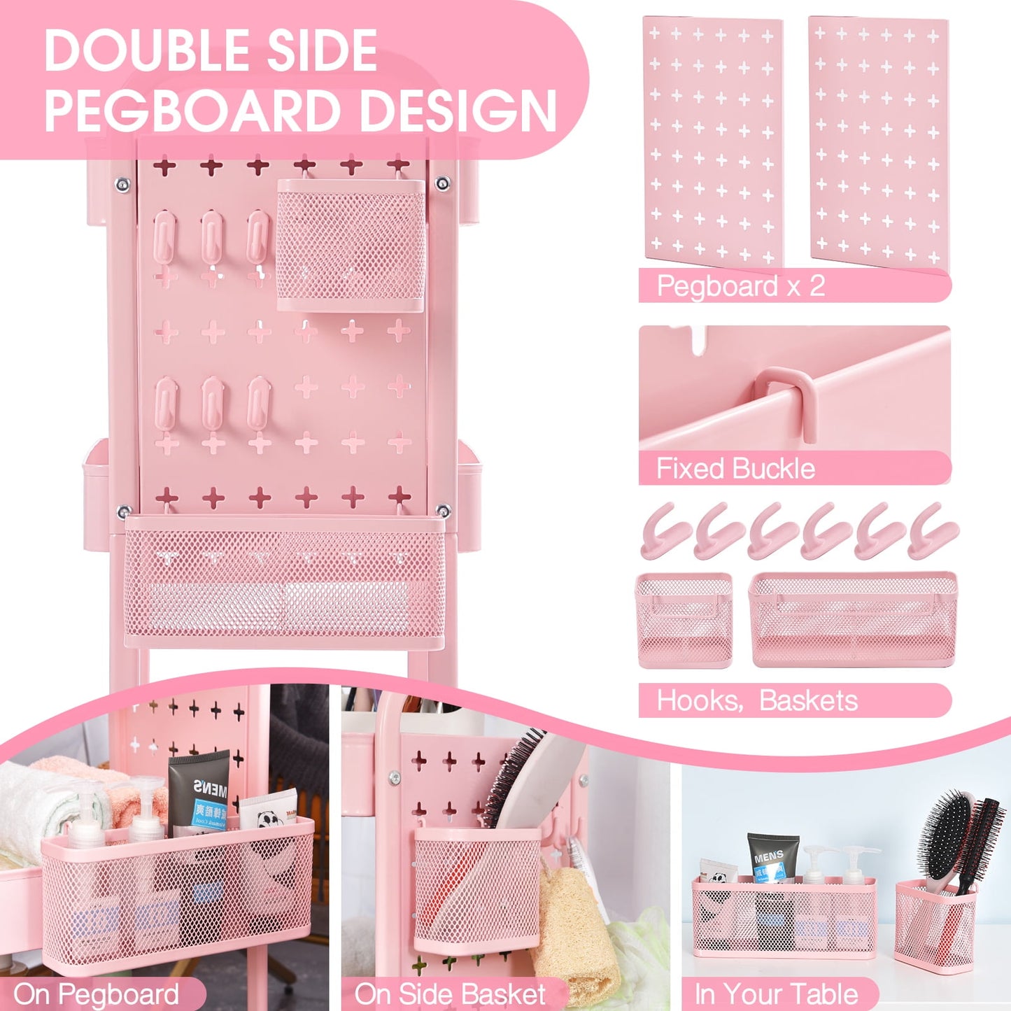 TOOLF 3-Tier Rolling Cart, Utility Storage Cart with DIY Dual Pegboards, Organizer Serving Trolley, Pink (WK830573-P)