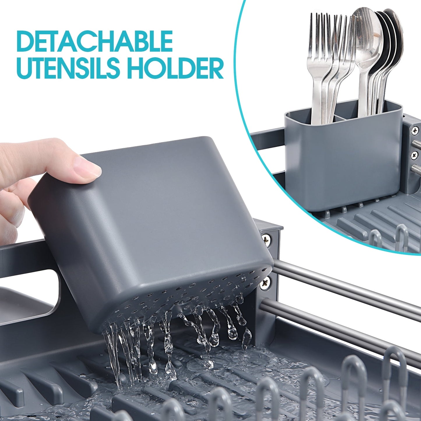 Kingrack Extendable Dish Rack, Dual Part Dish Drainers with Non-Scratch and Movable Cutlery Drainer and Drainage Spout, WK810172-6