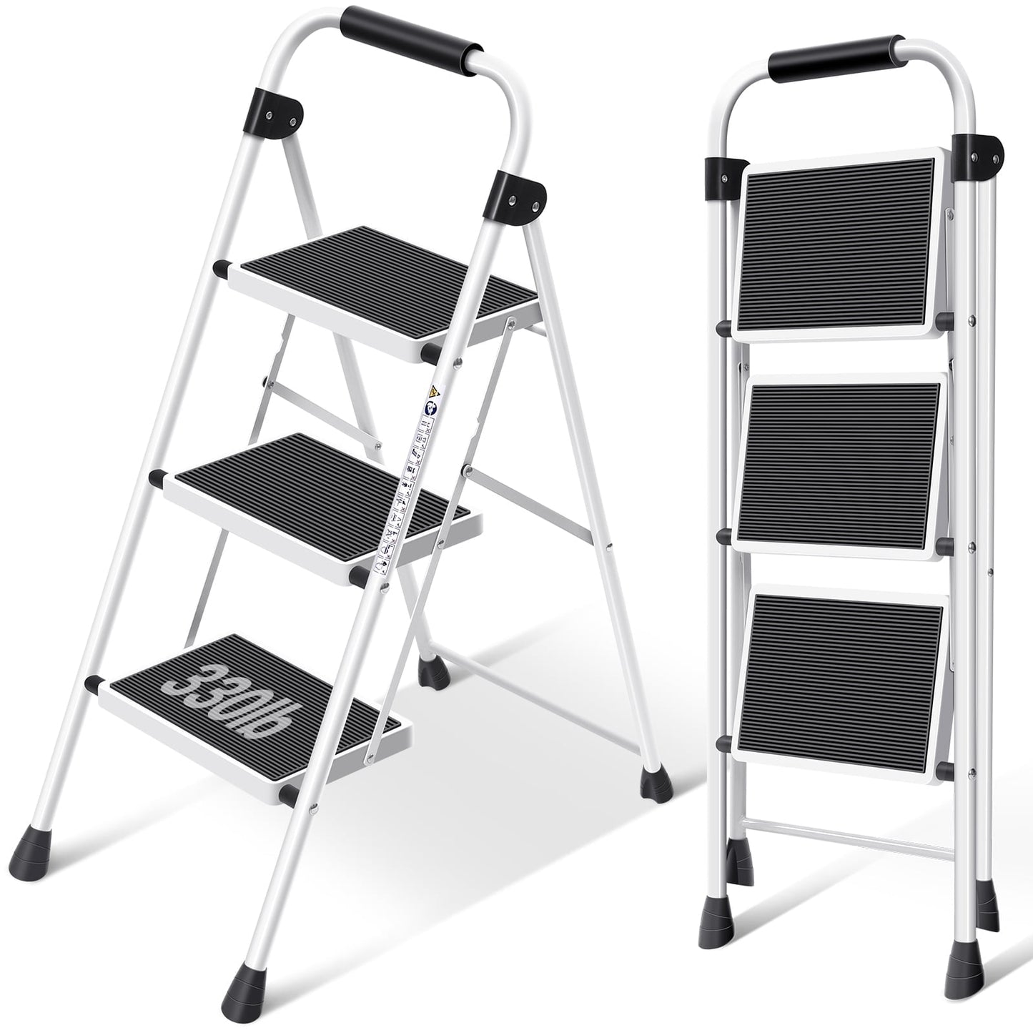 KK KINGRACK 3 Step Ladder, Folding Step Stool with Handrail & Steel Wide Anti-Slip Pedal and 330lb Capacity, White(WK2207B-3-W)